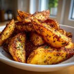 A close-up of crispy, golden seasoned potato wedges piled high in a white bowl.