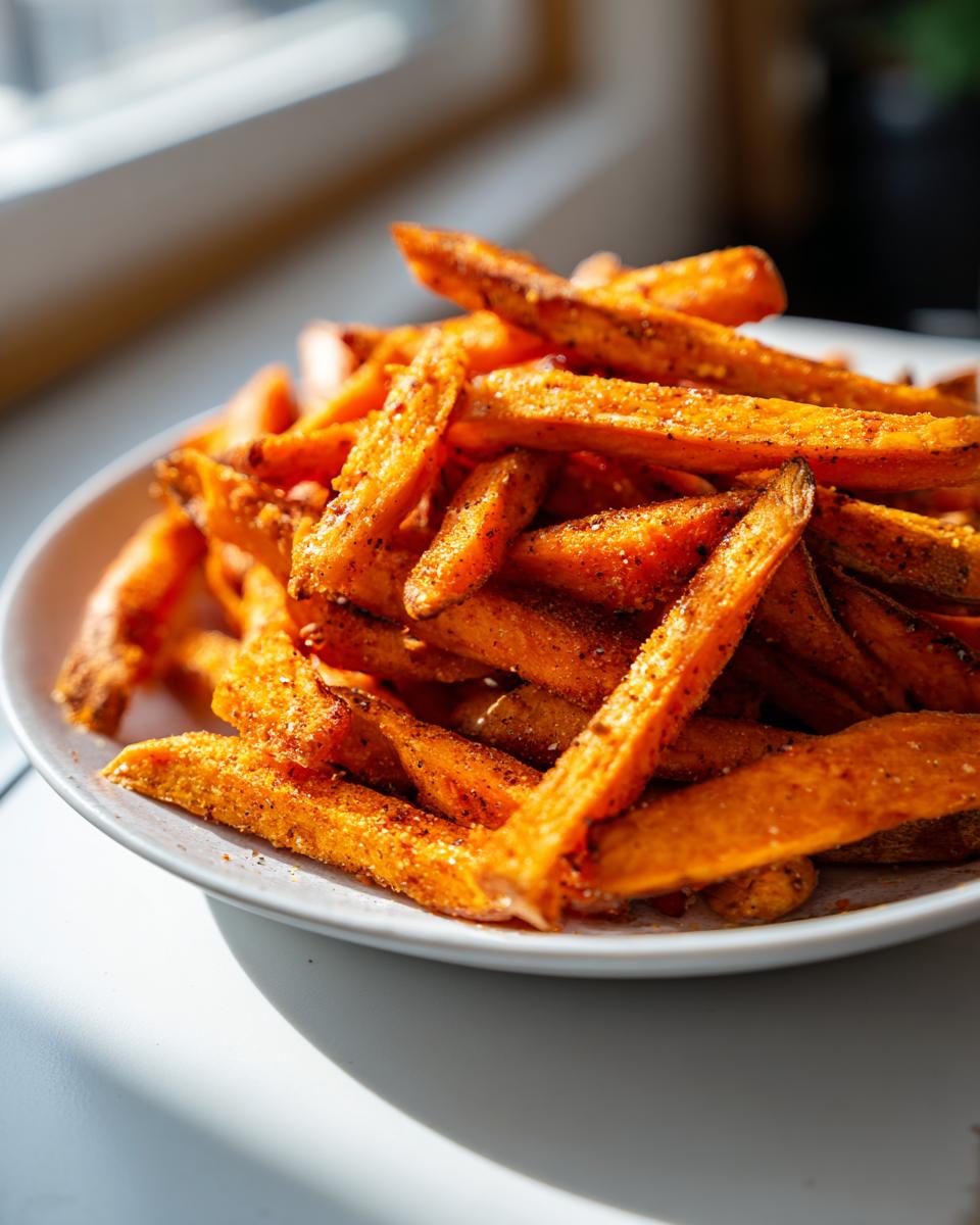 A close-up of a white plate piled high with crispy, seasoned sweet potato fries, brightly lit by sunlight.