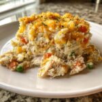 A generous serving of creamy chicken wild rice casserole topped with golden breadcrumbs on a white plate.