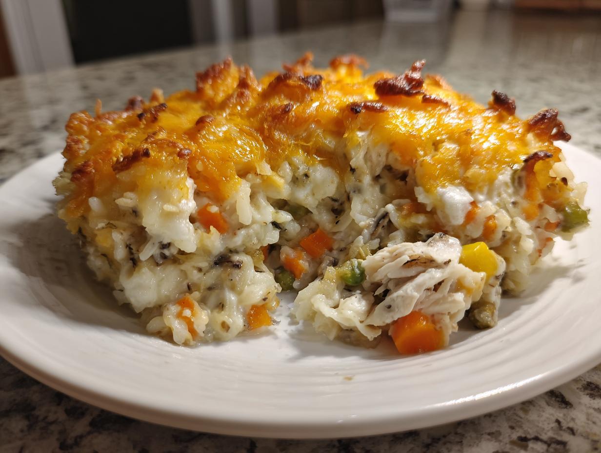 A close-up serving of creamy chicken wild rice casserole topped with melted, browned cheddar cheese.