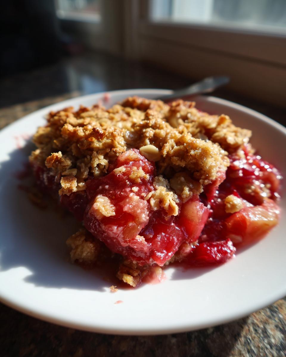 Close-up of a serving of bright red gluten free rhubarb crisp topped with a golden, crunchy oat crumble.