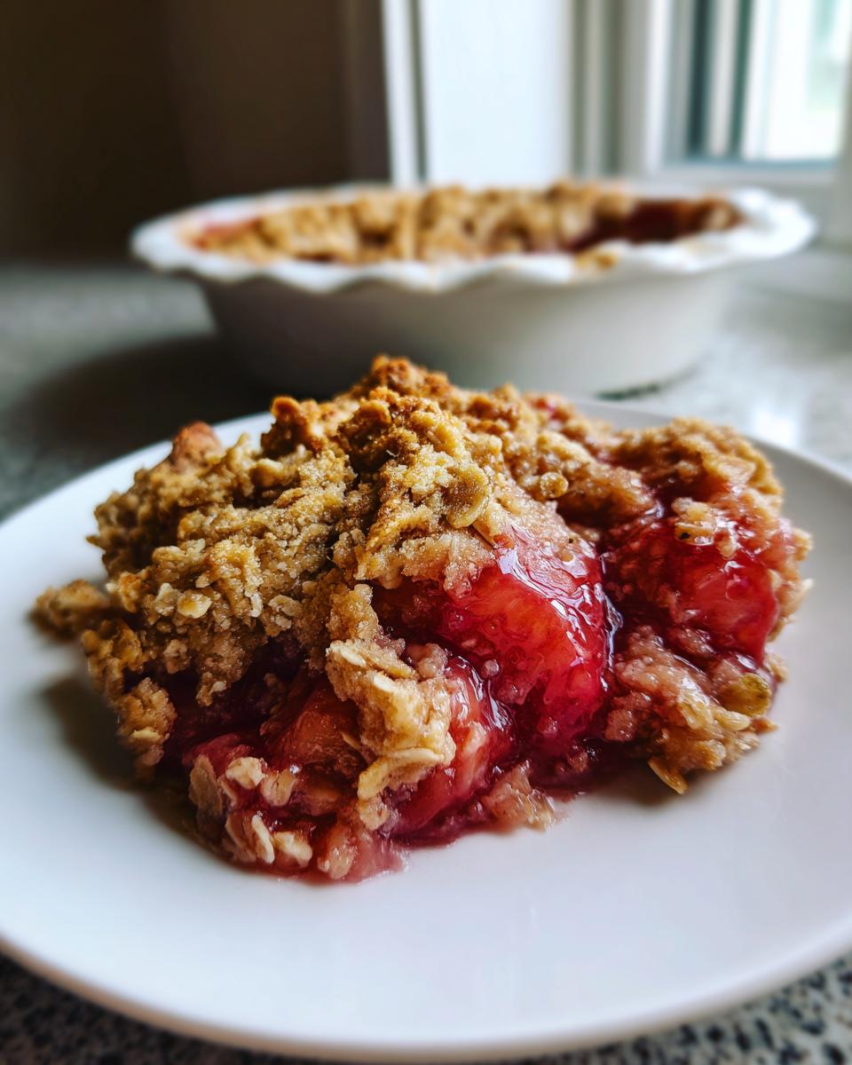 A close-up serving of moist gluten free rhubarb crisp with a thick, golden oat crumble topping on a white plate.
