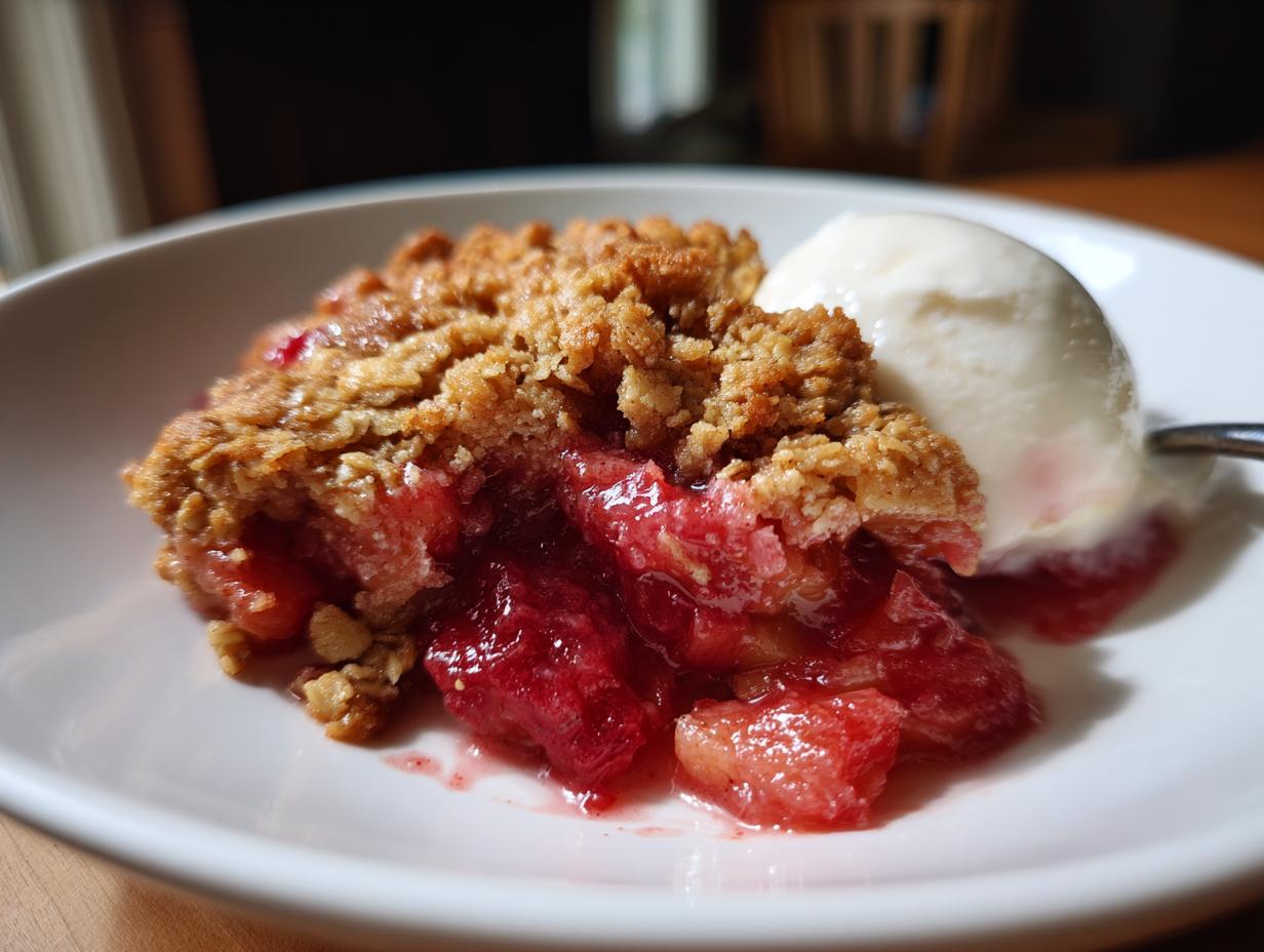 Close-up of a serving of warm gluten free rhubarb crisp with a scoop of vanilla ice cream melting beside it.