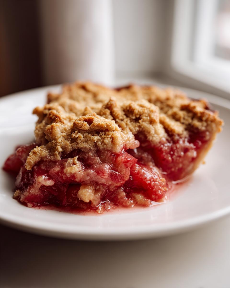 Close-up of a warm serving of gluten free rhubarb crisp showing juicy red filling and golden, crumbly topping on a white plate.