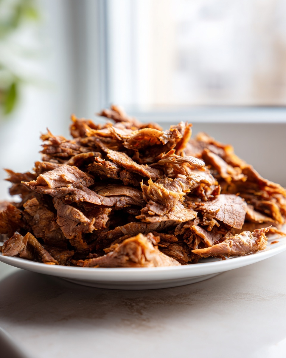 A pile of thinly sliced, seasoned meat ready for homemade doner kebab, served on a white plate.