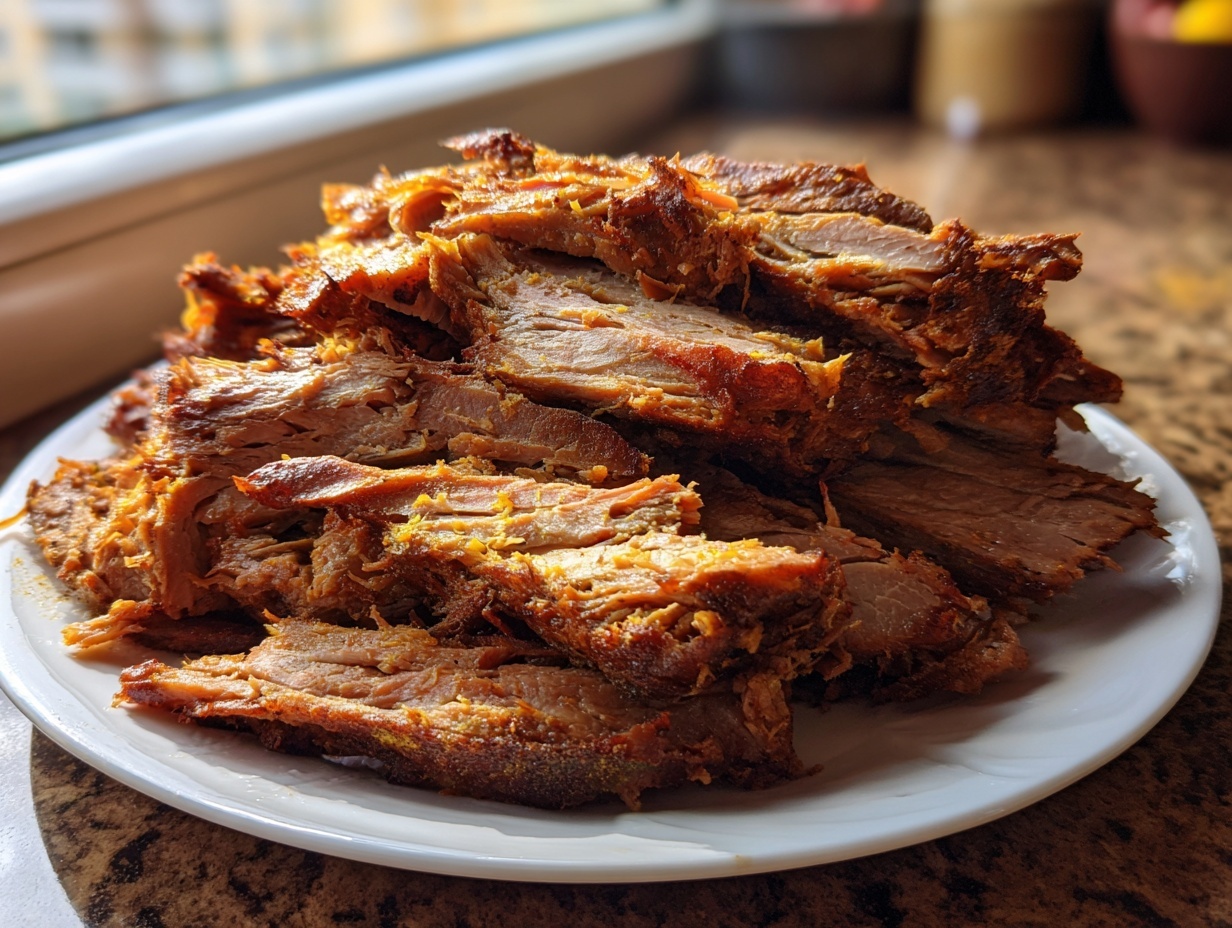 A pile of richly seasoned, thinly sliced, and shredded meat ready for homemade doner kebab, served on a white plate.