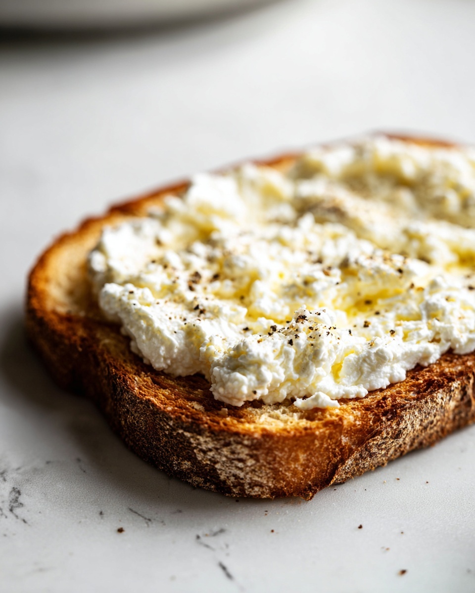 Close-up of a slice of toasted bread topped generously with cottage cheese toast, seasoned with black pepper.