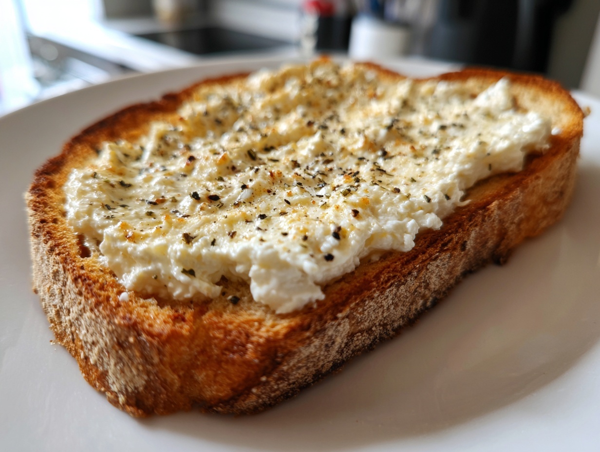 A close-up of a slice of toasted bread topped generously with creamy cottage cheese toast and sprinkled with black pepper and dried herbs.