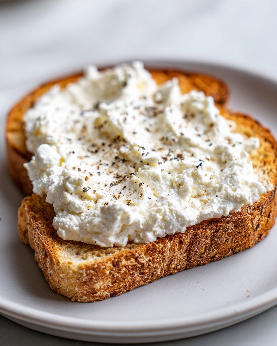 Close-up of a slice of toasted bread generously topped with fluffy cottage cheese toast and cracked black pepper.