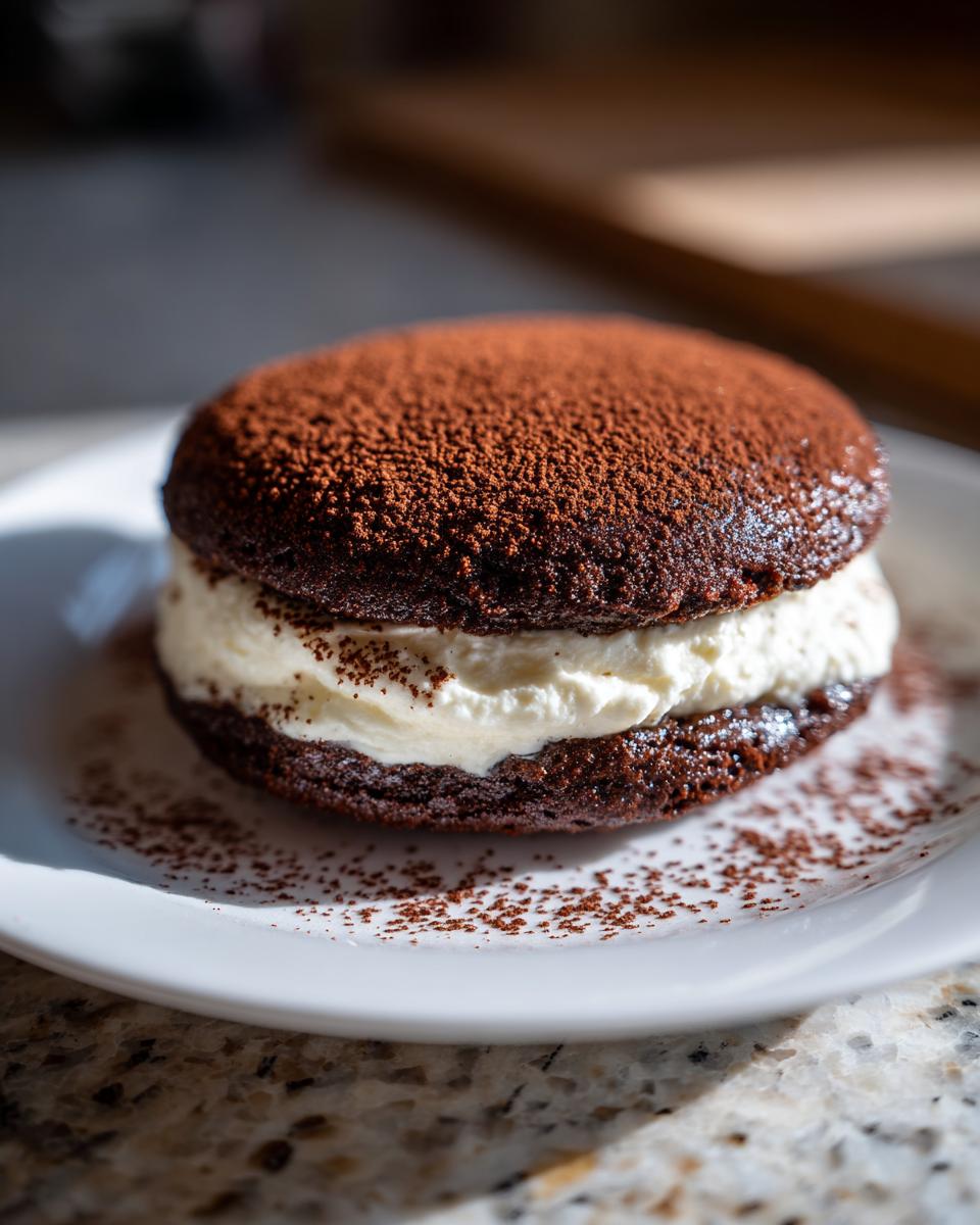 A rich, chocolate tiramisu cookies sandwich filled with creamy mascarpone, dusted heavily with cocoa powder.