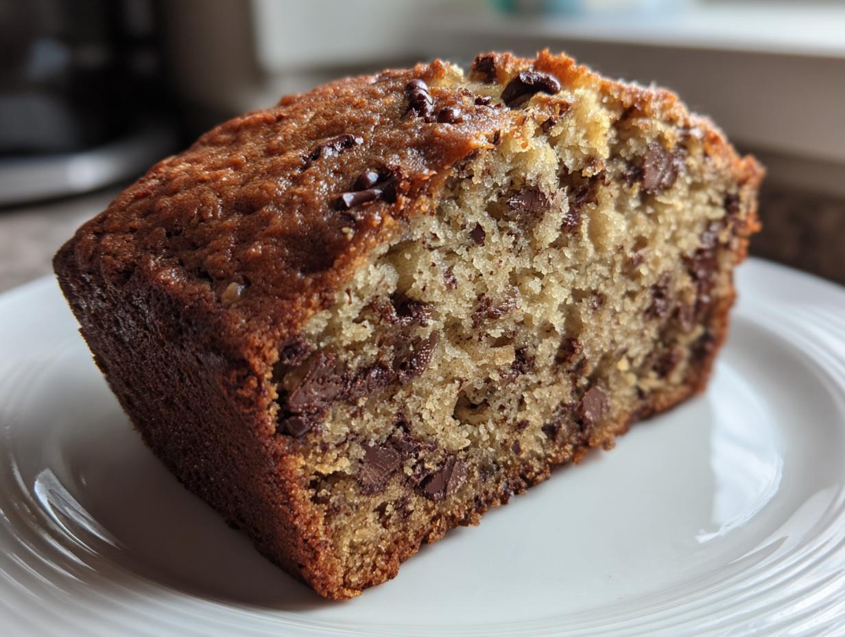 A moist slice of chocolate chip banana bread recipe, packed with melted chocolate chunks, served on a white plate.