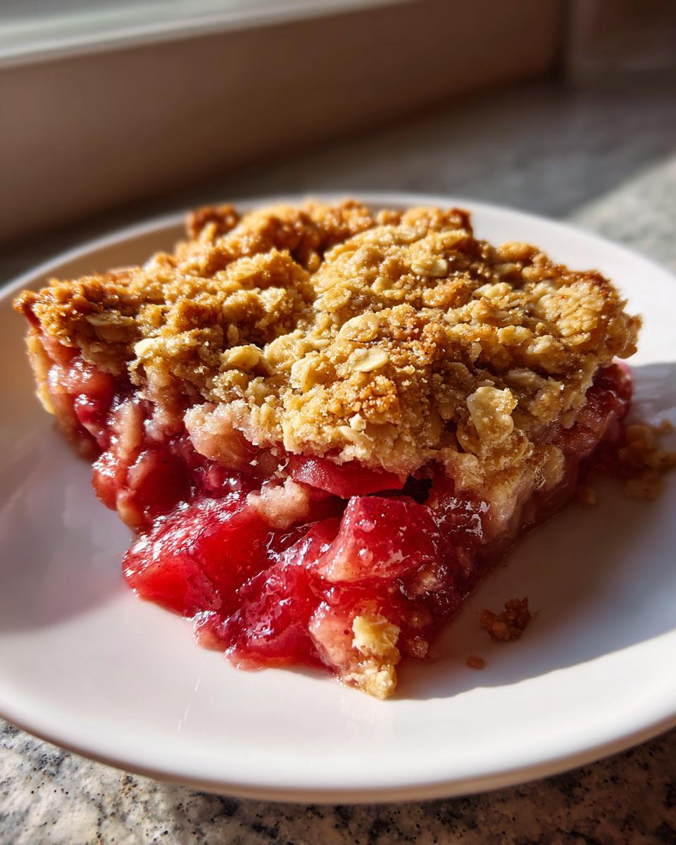 Close-up of a warm slice of gluten free rhubarb crisp showing bright red filling and golden, textured oat topping.