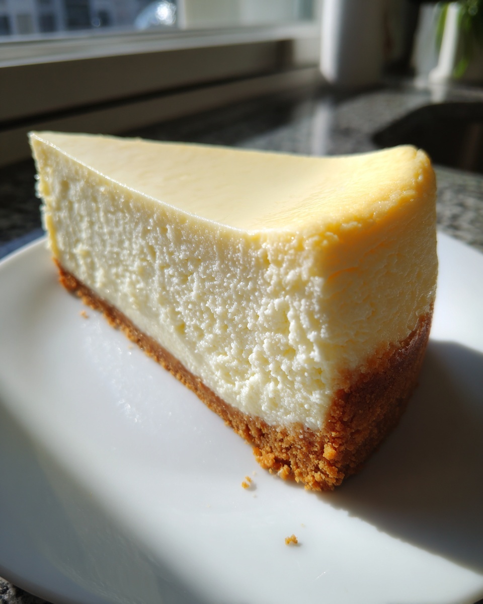 A perfect slice of creamy white chocolate cheesecake with a thick graham cracker crust on a white plate.
