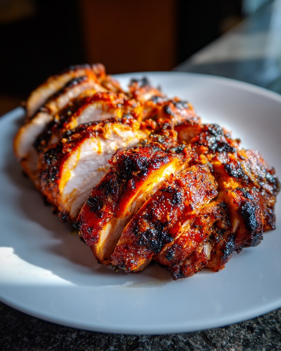 Close-up of sliced, richly spiced and charred homemade chicken doner kebab meat on a white plate.