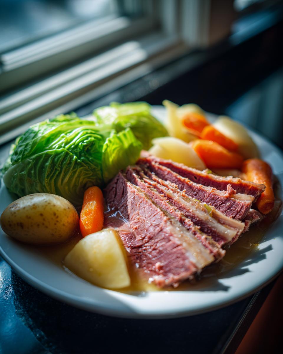 A plate featuring sliced slow cooker corned beef and cabbage with carrots and potatoes.