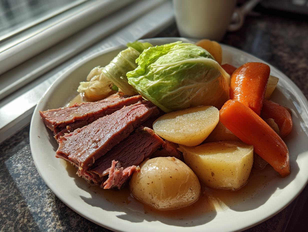 A plate featuring slices of tender slow cooker corned beef and cabbage, potatoes, and carrots, bathed in sunlight.