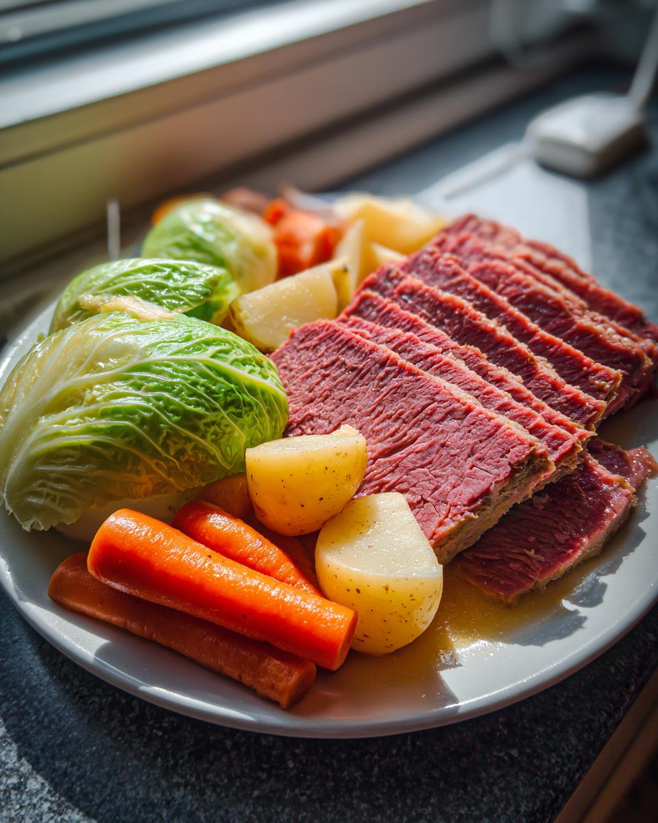A plate of sliced slow cooker corned beef and cabbage, carrots, and potatoes served together.