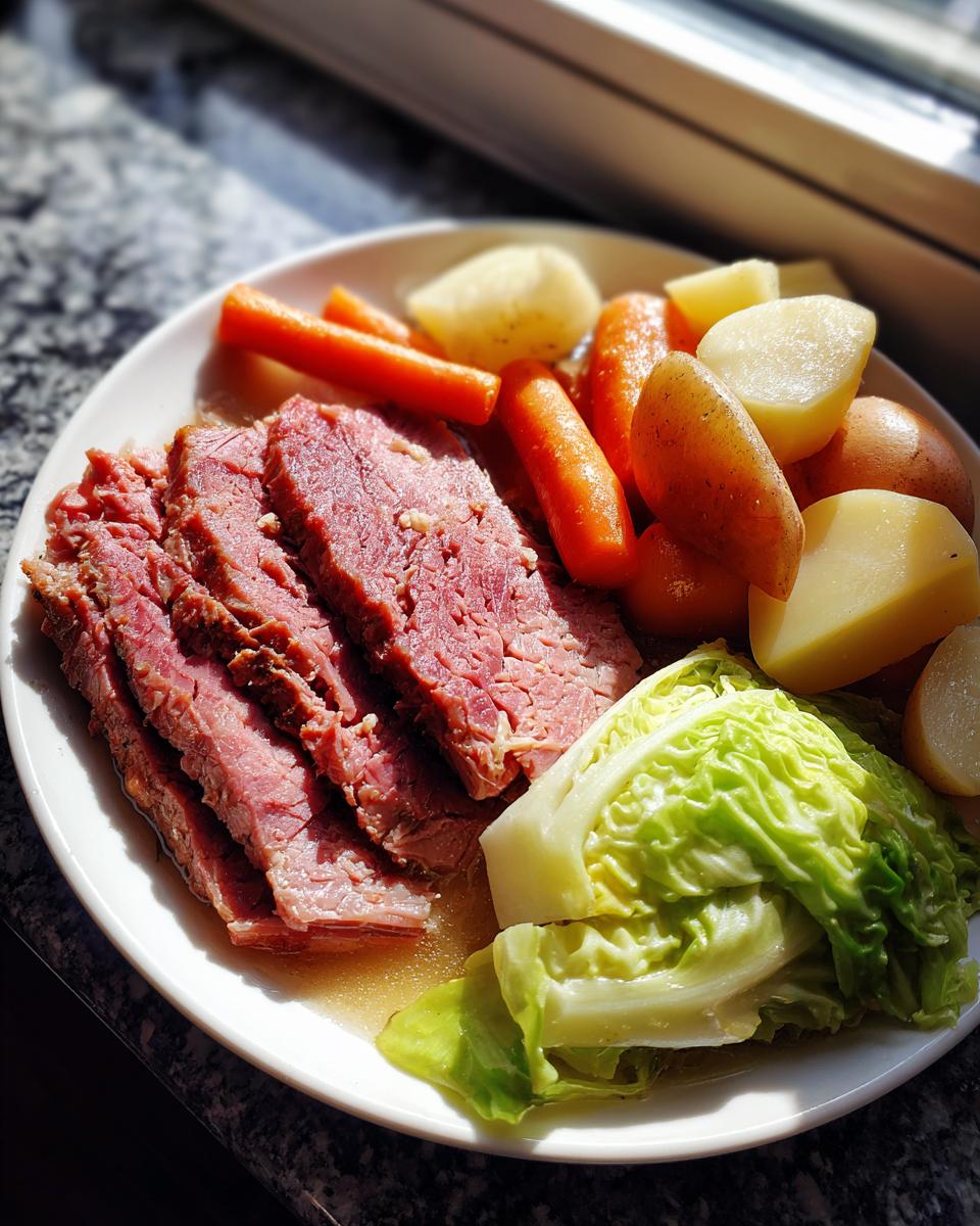 A plate featuring sliced slow cooker corned beef and cabbage with carrots and potatoes.