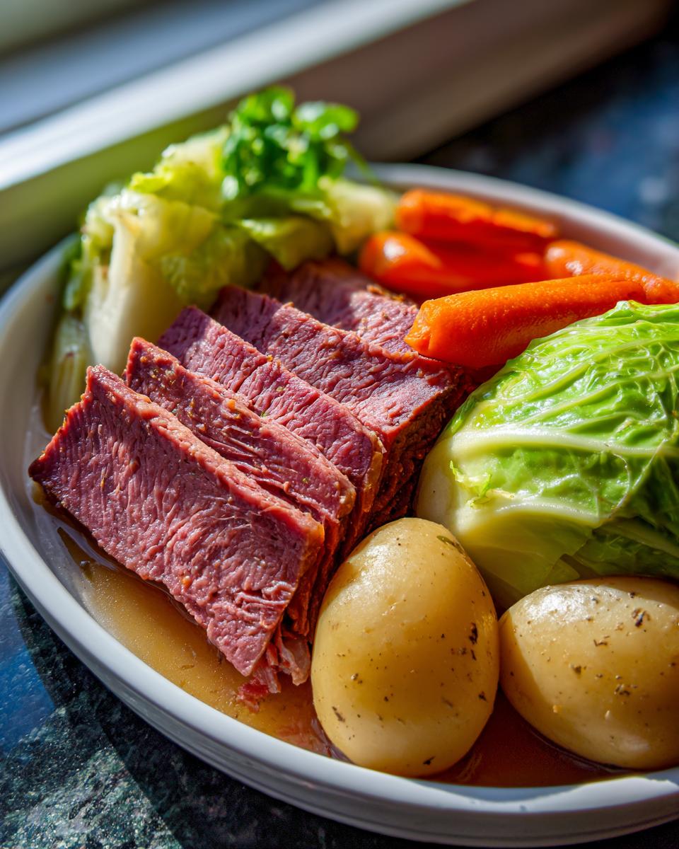 Slices of tender slow cooker corned beef and cabbage served with carrots and potatoes.