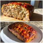 A composite image showing a slice and a whole smoked stove top stuffing meatloaf with a shiny glaze.