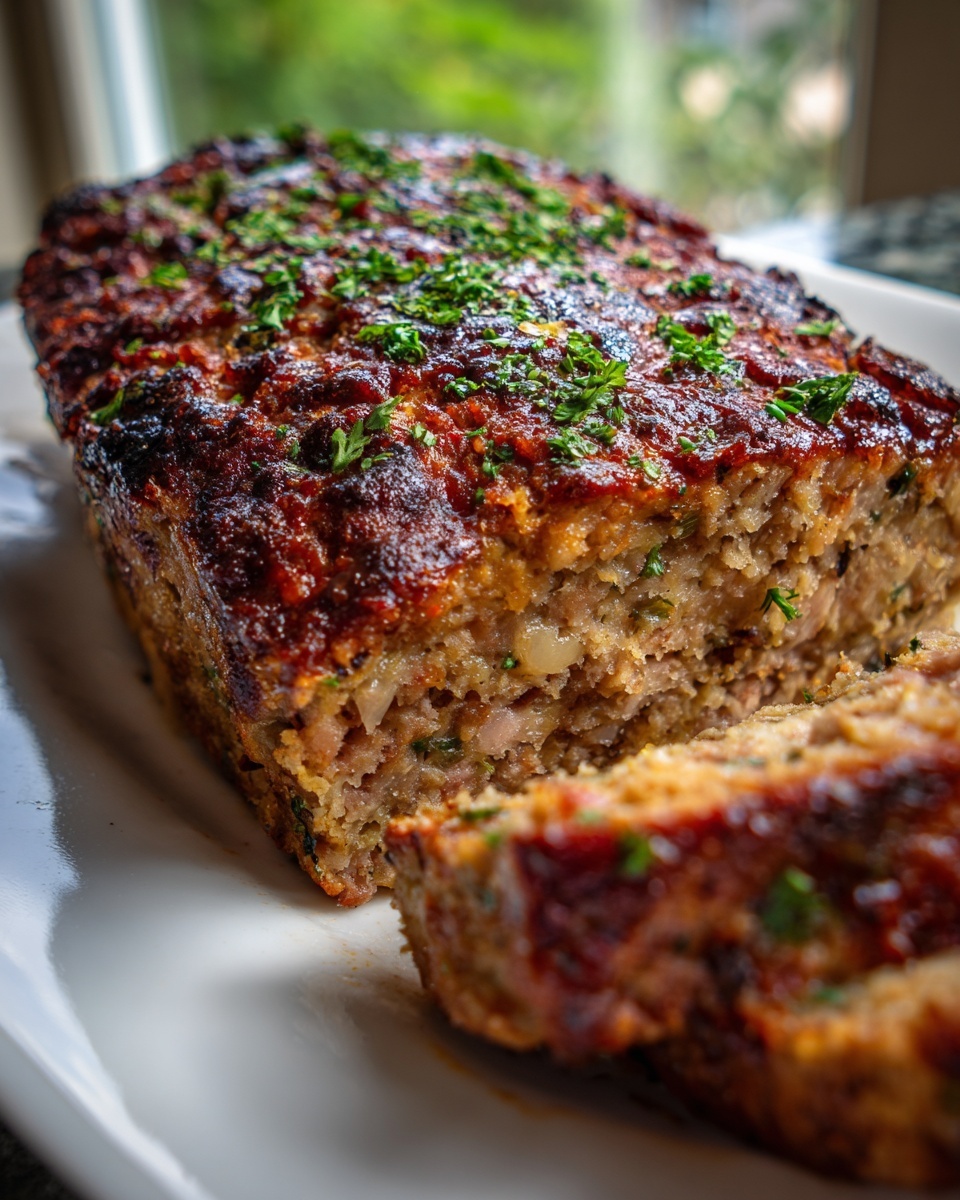 A close-up of a sliced smoked stove top stuffing meatloaf with a dark, savory glaze and parsley garnish.