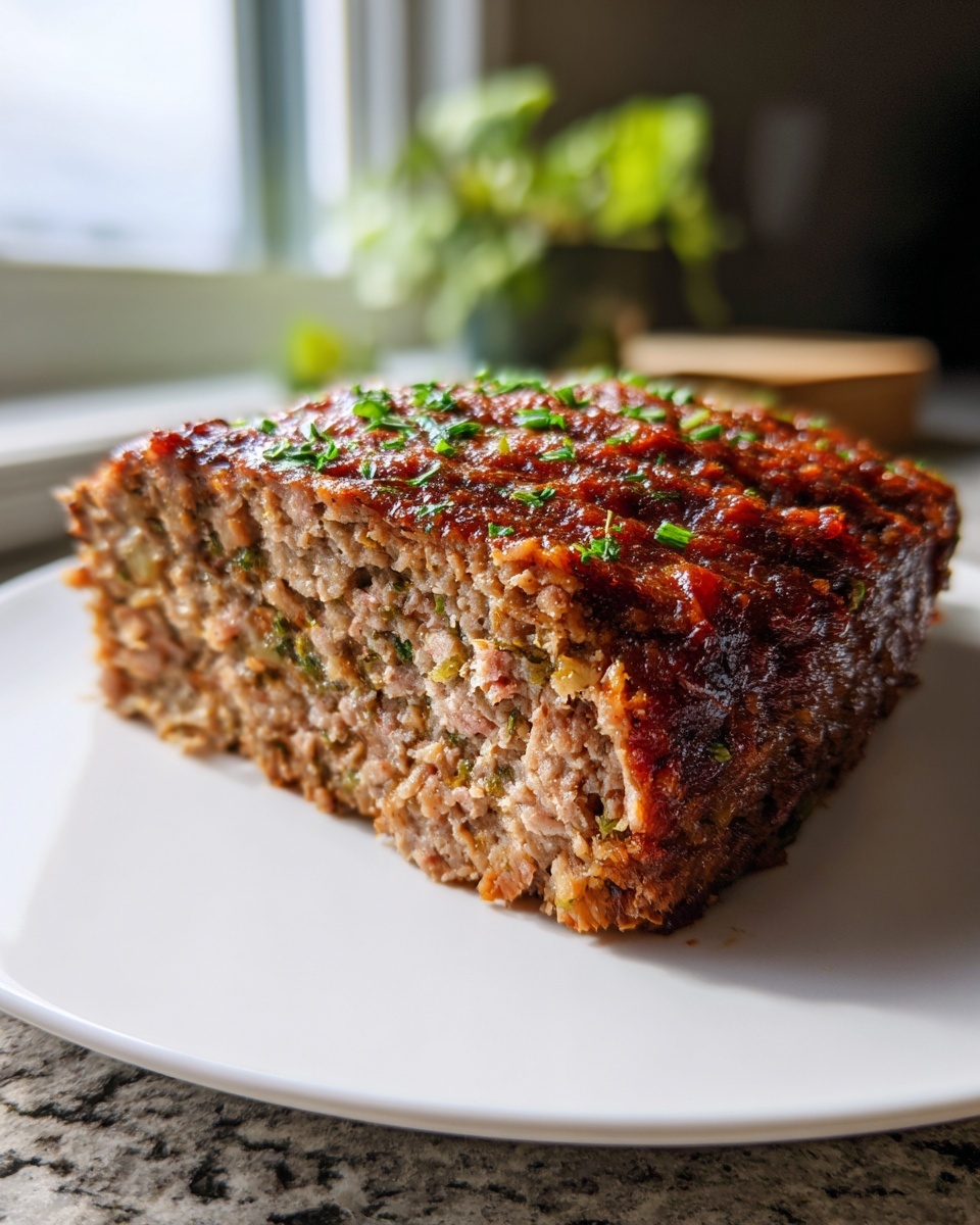 A thick slice of smoked stove top stuffing meatloaf with a dark glaze, garnished with chives, served on a white plate.