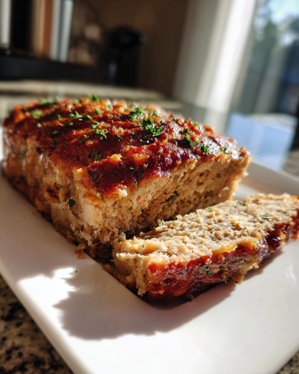 A slice cut from a smoked stove top stuffing meatloaf, topped with a dark glaze and fresh parsley.