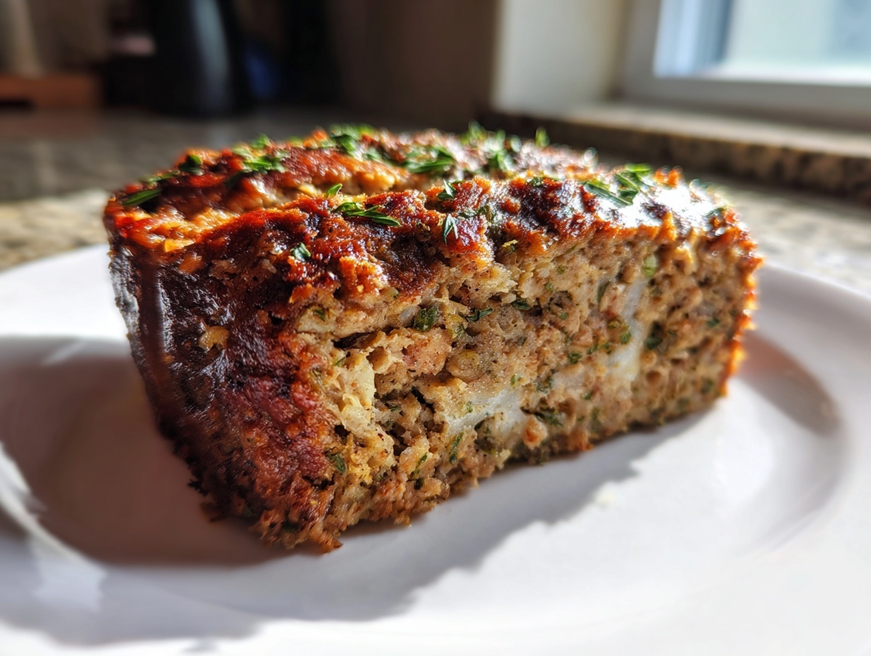 A close-up of a thick slice of smoked stove top stuffing meatloaf, showing its texture and browned crust, garnished with herbs.