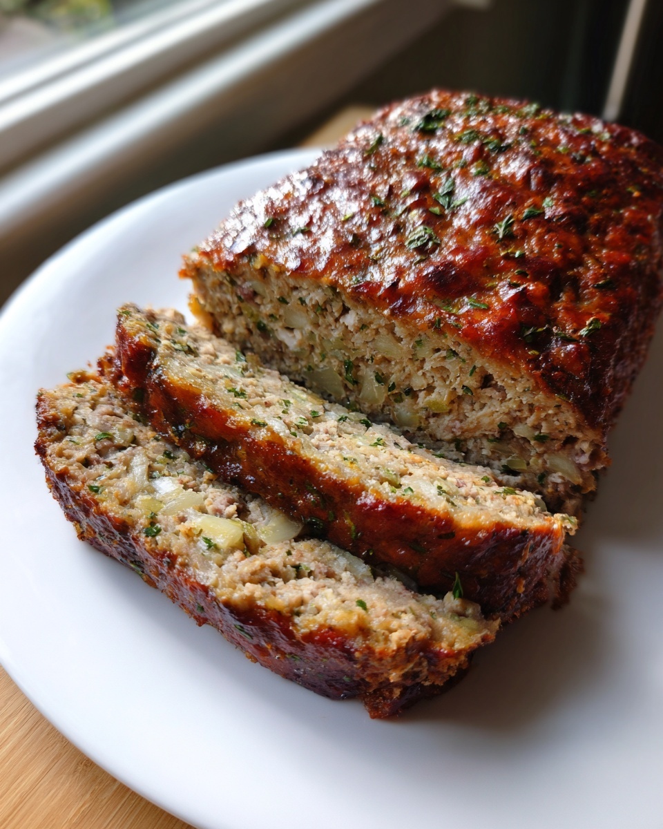 Close-up of a sliced smoked stove top stuffing meatloaf with a glazed, browned top garnished with parsley.