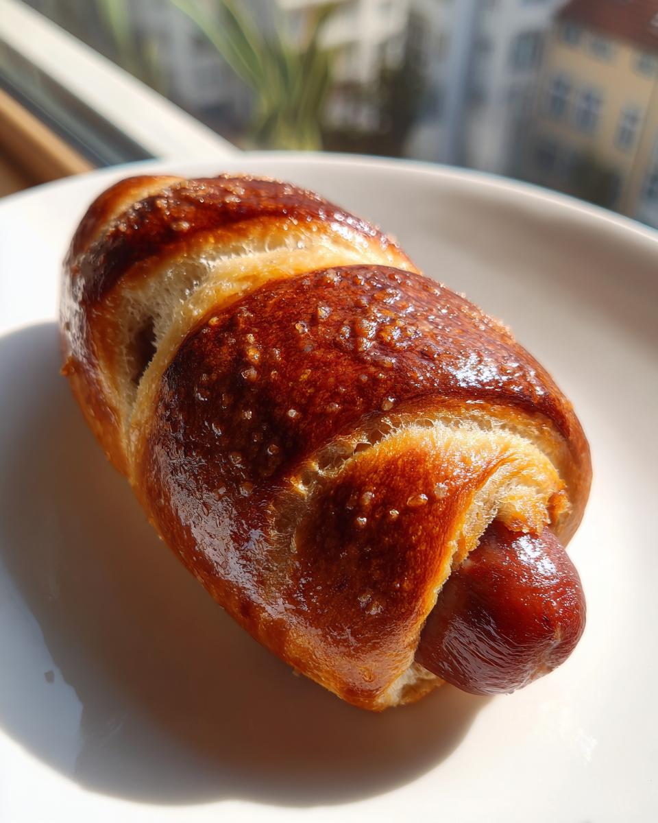 Close-up of a shiny, golden-brown sourdough discard pretzel dog sprinkled with coarse salt on a white plate.