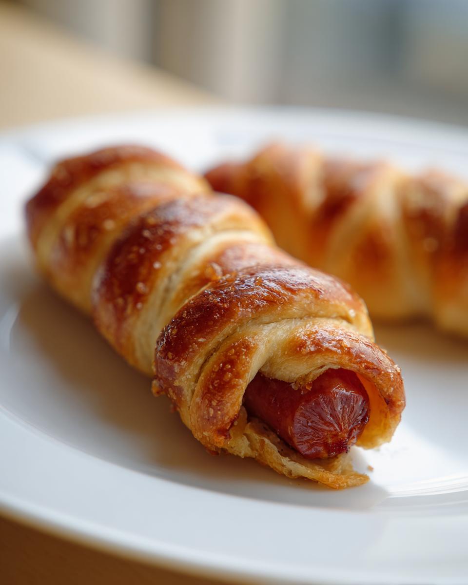Close-up of a golden brown sourdough discard pretzel dog wrapped around a hot dog, resting on a white plate.