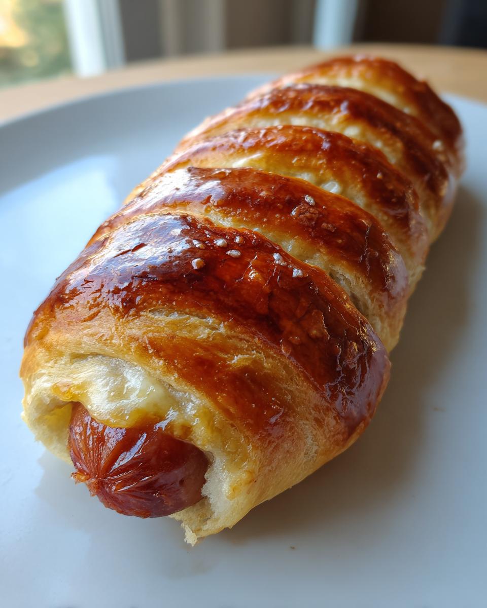A close-up of a single, golden-brown sourdough discard pretzel dog with visible pretzel salt on a white plate.