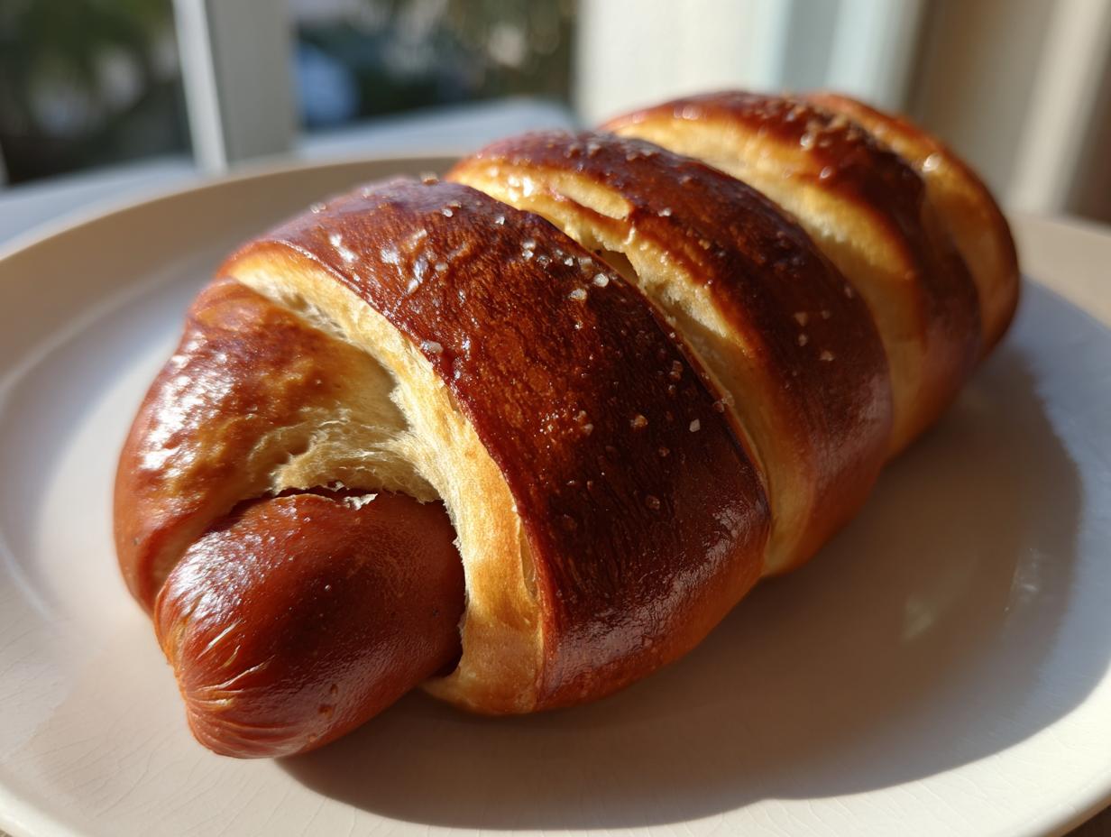 A single, freshly baked sourdough discard pretzel dog with a glossy, dark brown crust sprinkled with coarse salt.