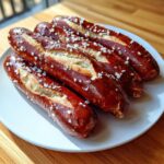 Four freshly baked sourdough pretzel dogs, dark brown and sprinkled with coarse salt, arranged on a white plate.