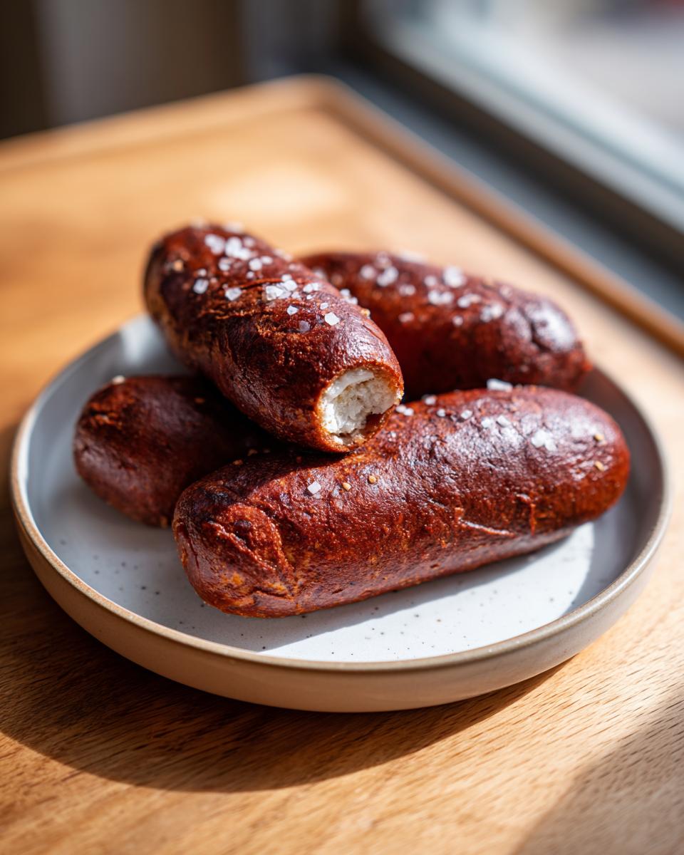 Four freshly baked sourdough pretzel dogs with a dark brown crust and coarse salt sprinkled on top, resting on a plate.