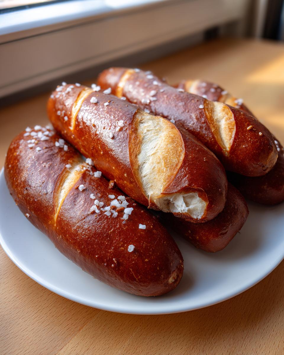 A pile of freshly baked sourdough pretzel dogs with a deep brown crust and coarse salt, resting on a white plate.