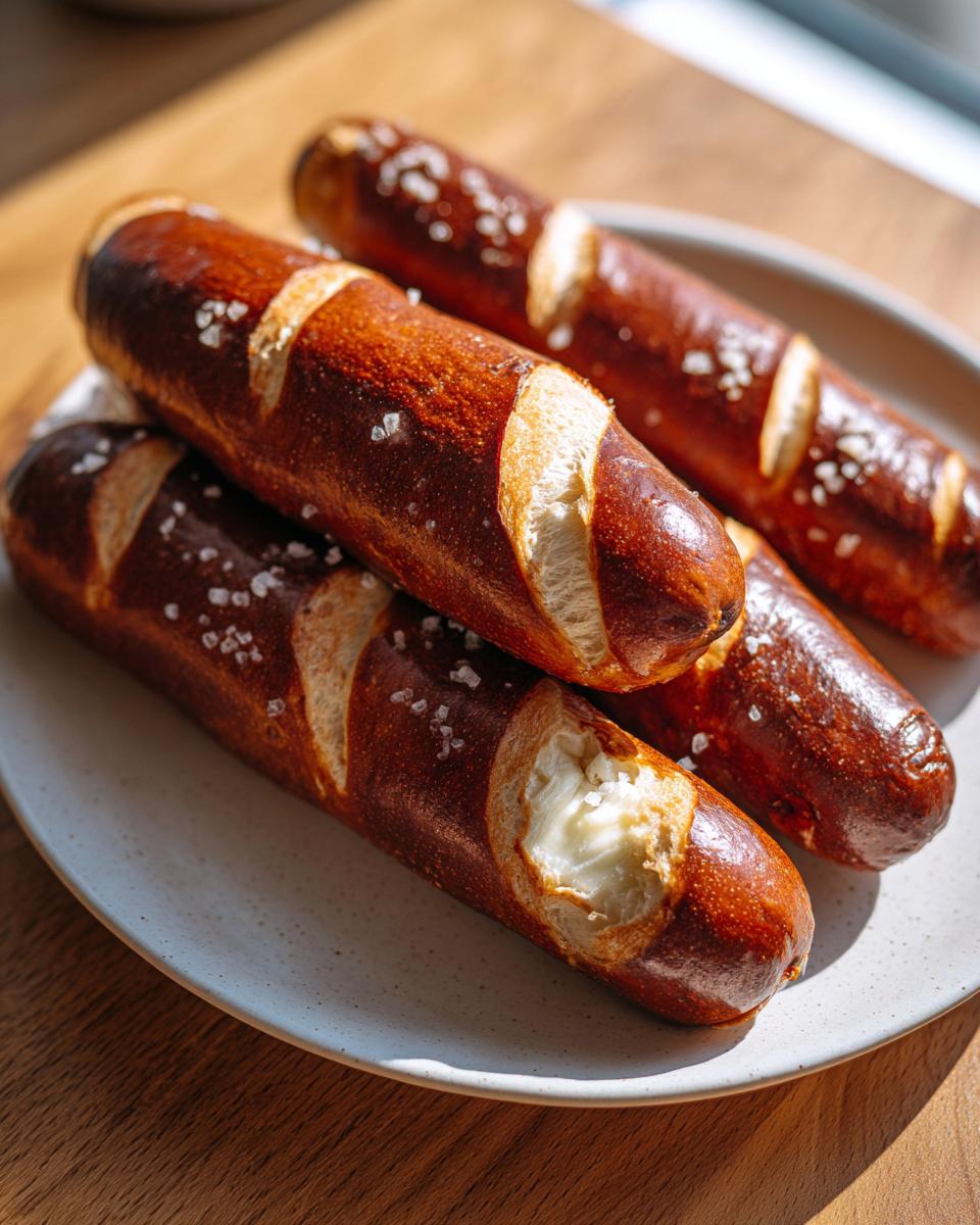 Close-up of several golden-brown sourdough pretzel dogs sprinkled with coarse salt on a light plate.