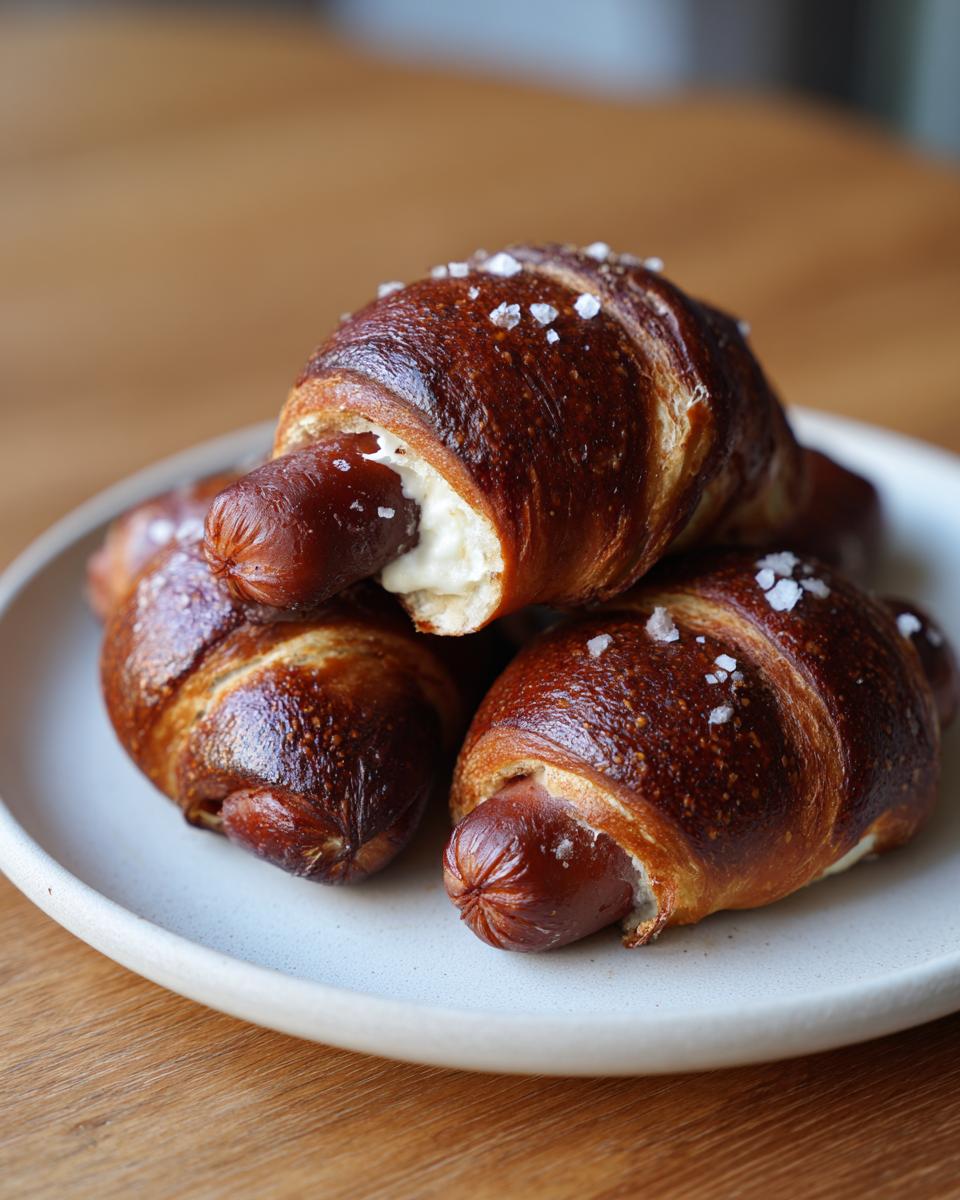 Three golden-brown sourdough pretzel dogs, sprinkled with coarse salt, stacked on a light plate.
