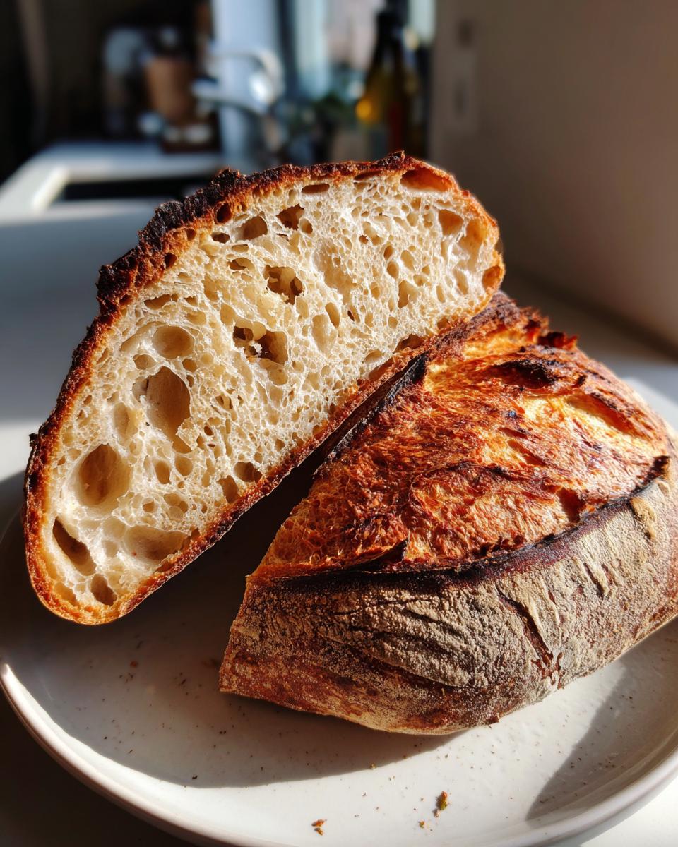 A loaf of sourdough yeast bread cut in half, showing the open, airy crumb and dark, blistered crust.