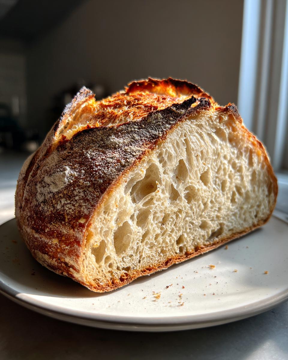 Cross-section of a perfectly baked sourdough yeast bread showing an open, airy crumb structure and dark crust.