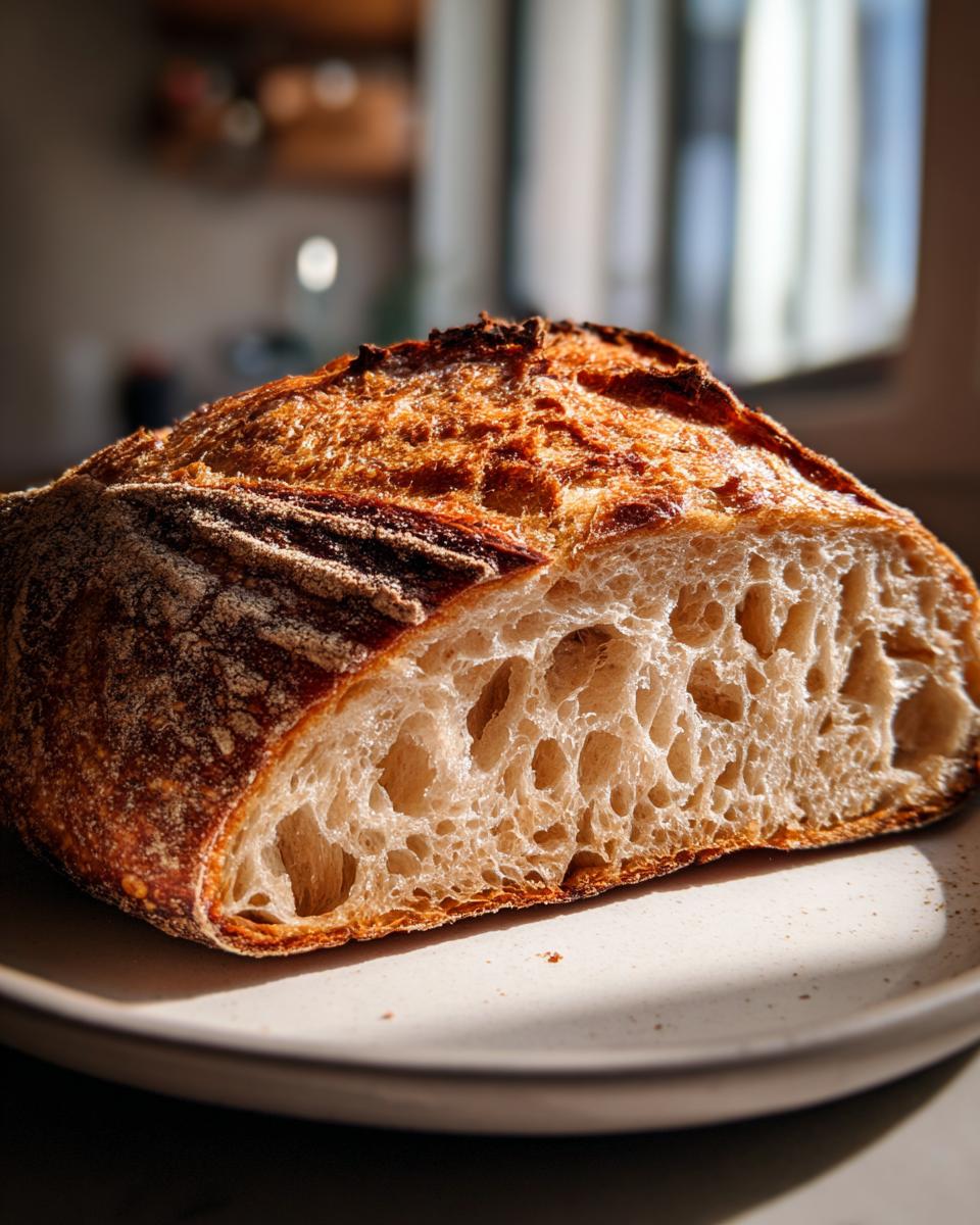Cross-section of a perfectly baked sourdough yeast bread showing an open, airy crumb structure.