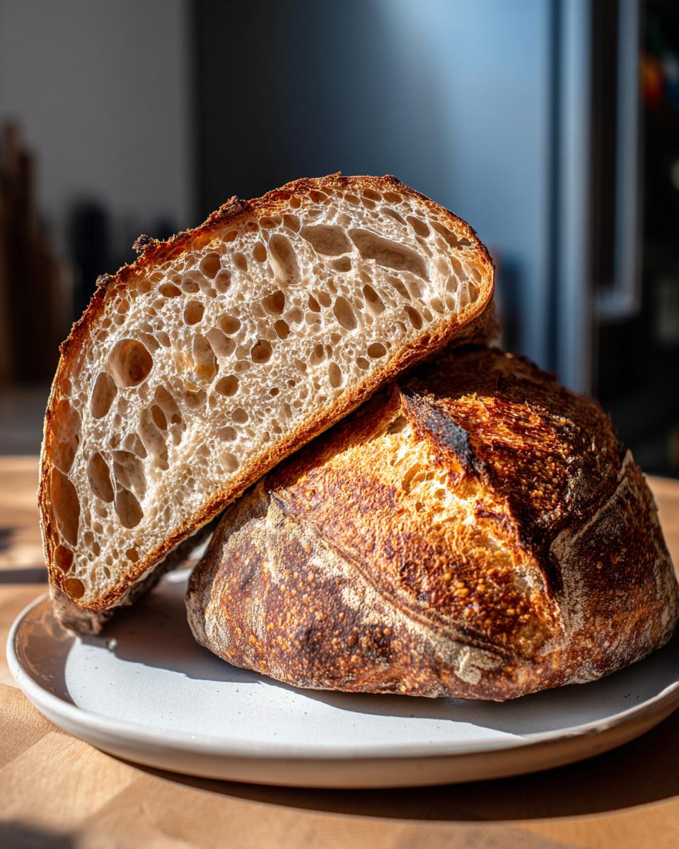 A perfectly baked sourdough yeast bread loaf, cut in half to show the open, airy crumb structure.