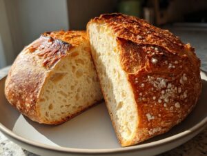 A loaf of golden-crusted sourdough yeast bread cut in half, showing an open, airy crumb structure.