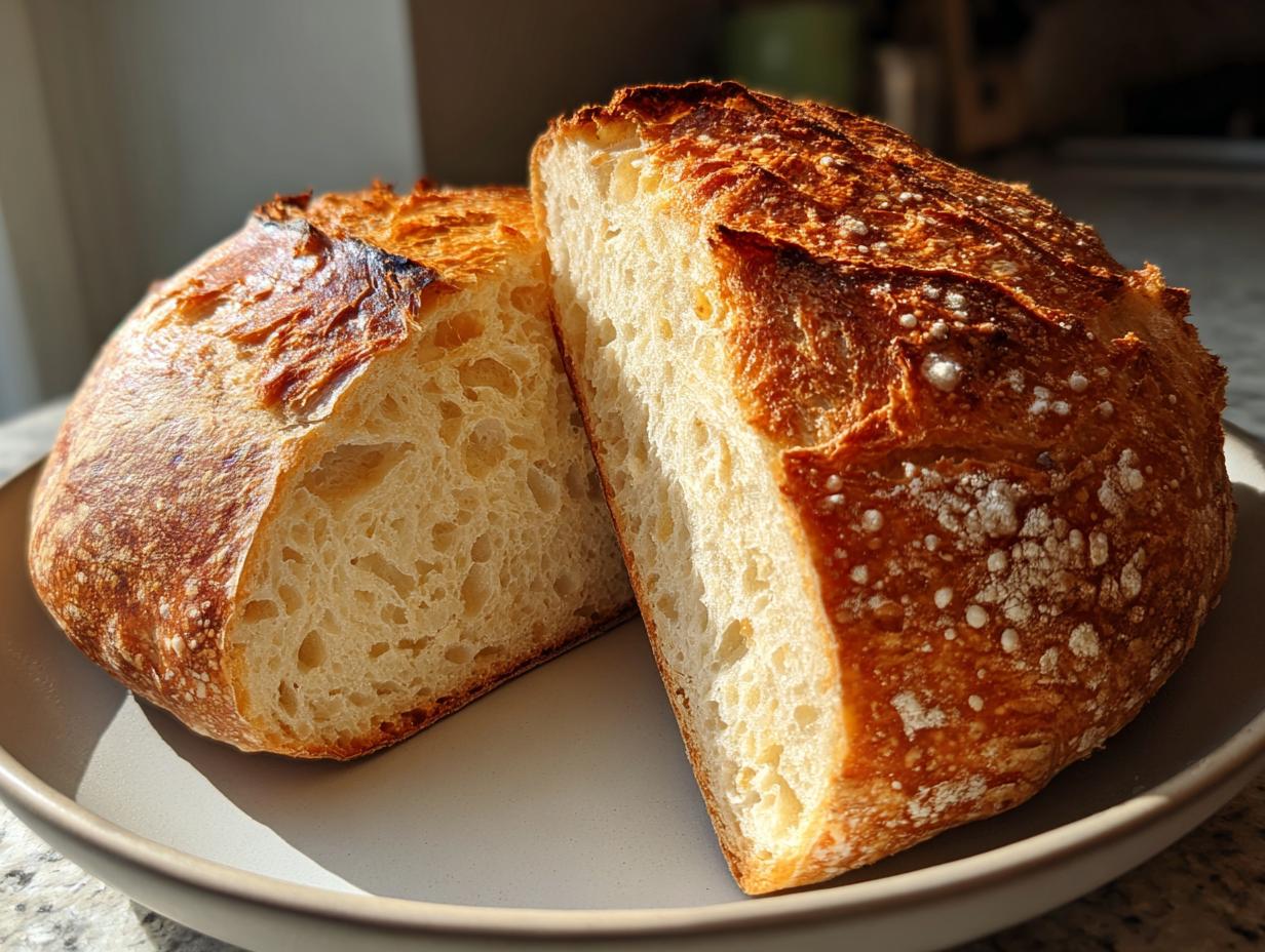 A loaf of golden-crusted sourdough yeast bread cut in half, showing an open, airy crumb structure.