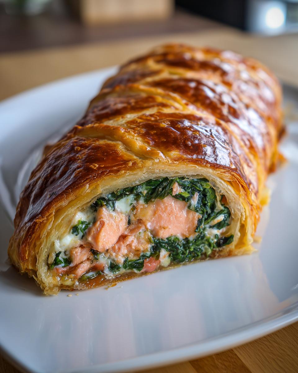 A close-up of a slice of spinach & cheese stuffed salmon wellington showing flaky pastry and pink salmon.
