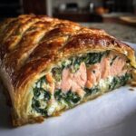 Cross-section view of a golden-brown spinach & cheese stuffed salmon wellington showing flaky pastry and pink salmon.