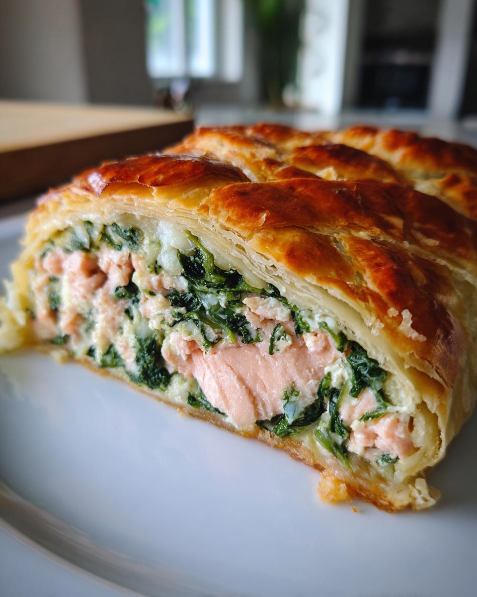Close-up of a slice of spinach & cheese stuffed salmon wellington showing flaky pastry and pink salmon.