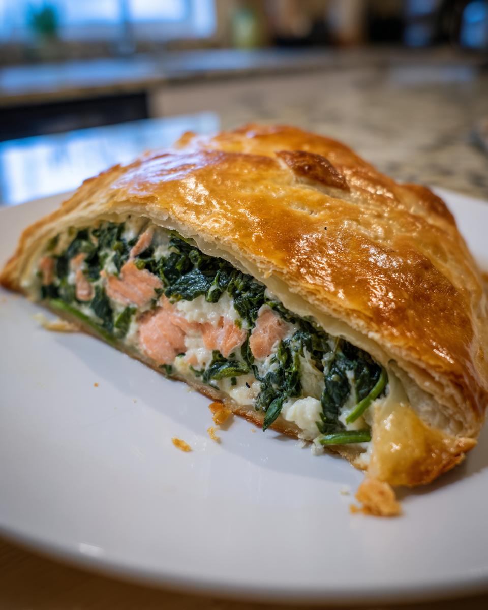 A close-up of a slice of spinach & cheese stuffed salmon wellington showing flaky pastry and filling.