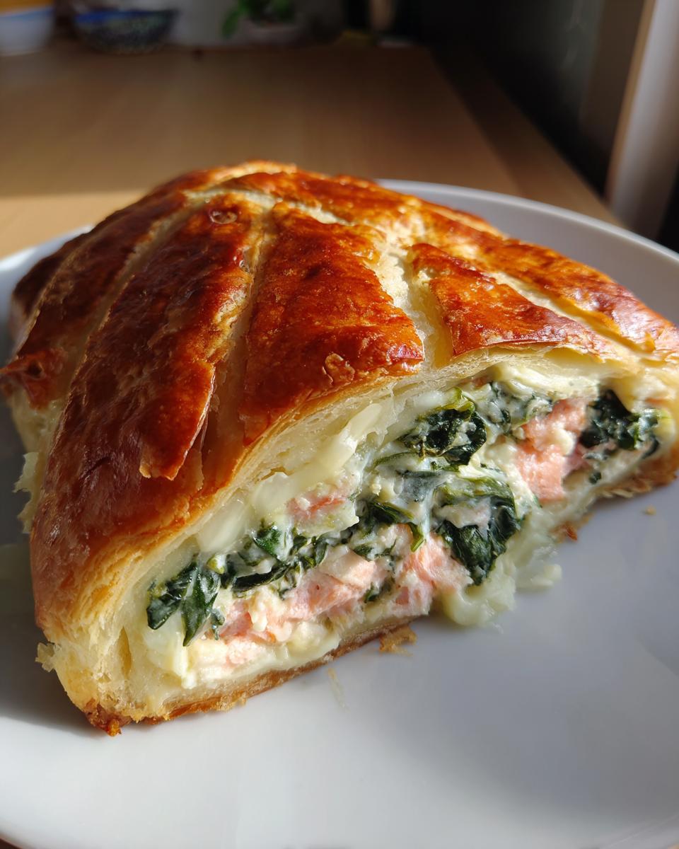 A close-up slice of spinach & cheese stuffed salmon wellington showing flaky pastry and rich filling.