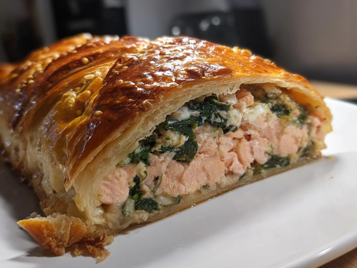 Cross-section view of a golden-brown Spinach & Cheese Stuffed Salmon Wellington showing flaky pastry and pink salmon.
